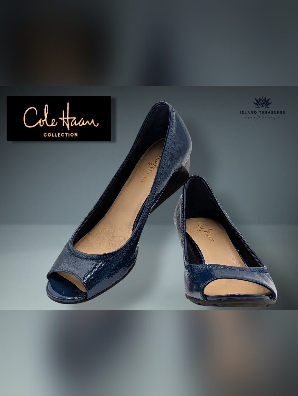 Cole Haan Size 6–6.5 Air Tali Patent Peep Toe Wedge Navy Blue Nike Air Comfort